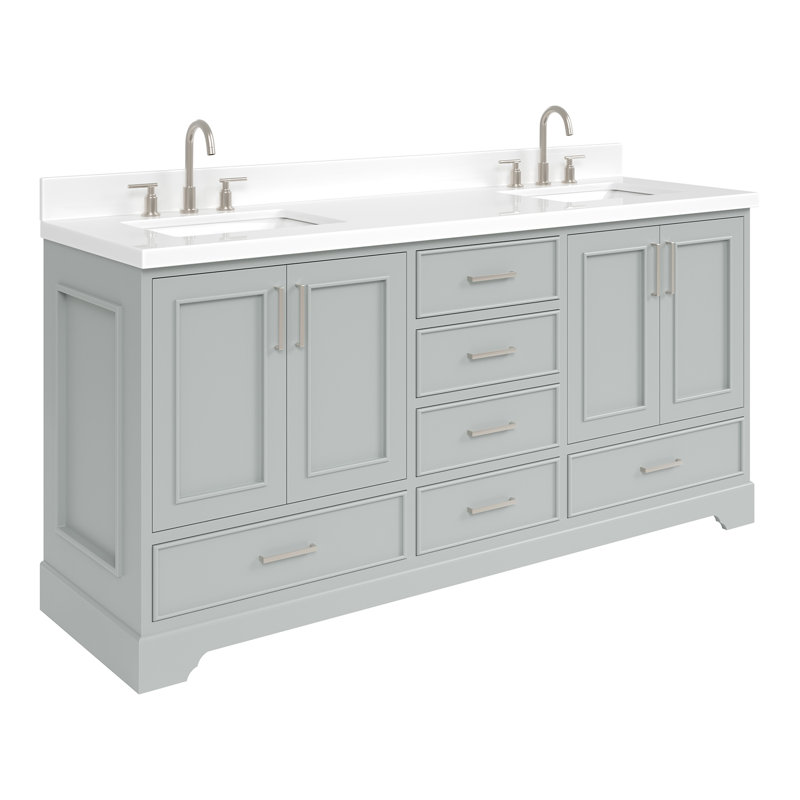 73'' Double Bathroom Vanity with White Quartz Top, Gray, Brushed Nickel
