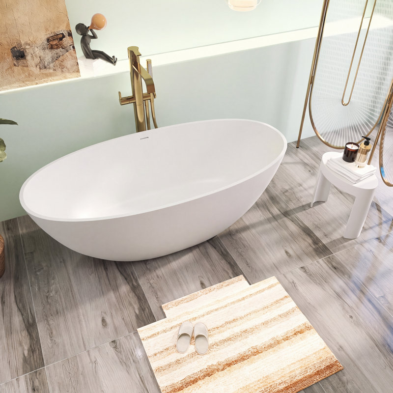 65 inch Oval Freestanding Bathtub, Stone Resin Soaking Tub with Overflow & Pop-up Drain, Matte White for Modern Bathroom