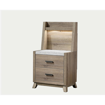 1pièce table de chevet contemporaine transitionnelle à panneau mural brun naturel avec dessus en pierre et armoire lumineuse latérale à DEL