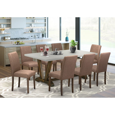 Ensemble de salle à manger 9 pièces comprenant une table de cuisine rectangulaire à pieds en V et 8 chaises rembourrées en lin beige clair, multicolore