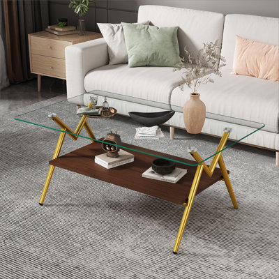 Table basse rectangulaire avec plateau en verre trempé et pieds en métal doré, table moderne pour le salon