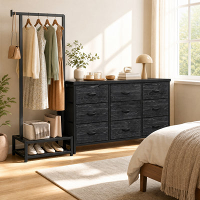 Commode 9 tiroirs en tissu avec éclairage DEL, barre à vêtements et tablette à 2 niveaux