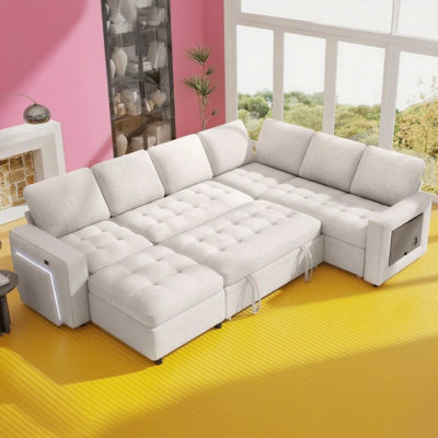 Canapé-lit modulaire de 102 po avec lit escamotable / dossier inclinable / ports USB / table / éclairage à DEL / siège de rangement, grand canapé modulaire en U à 8 places, assemblage sans outil