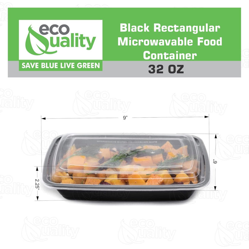  Bols rectangulaires noirs 32 oz avec couvercles - Rangement des aliments, préparation des repas, boîte à bento, micro-ondes et lave-vaisselle (100)