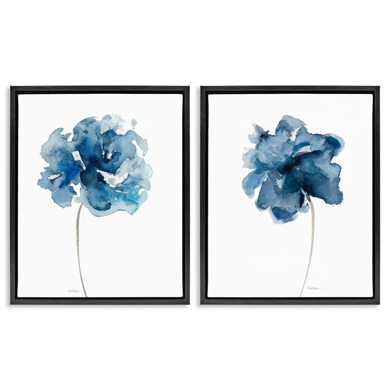 Ensemble de 2 toiles flottantes abstraites à motif de fleurs simples bleues, design par Carol Robinson, H 21 po x l 17 po