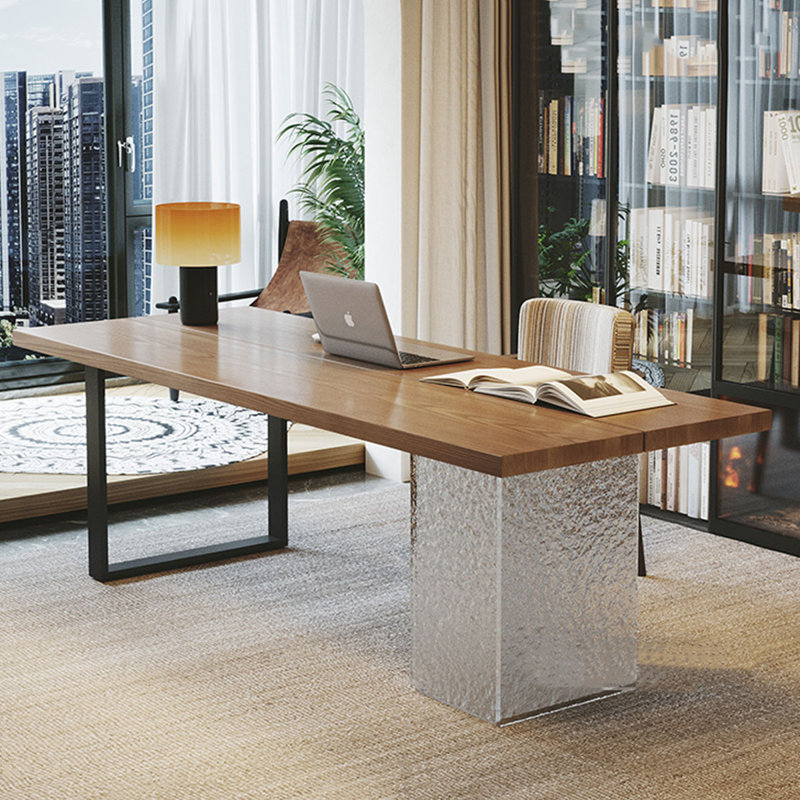 Noyer clair + noir + bois rectangulaire transparent + fer + bureau en acrylique, H 29,53 po x l 78,74 po x P 31,5 po