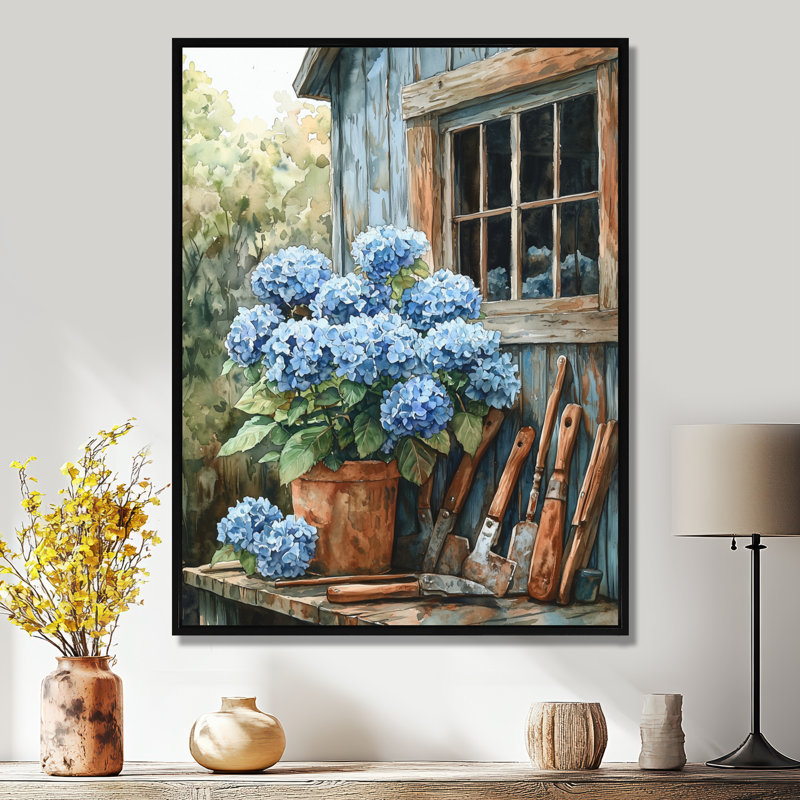 «Eberly Hydrangeas By The Garden Shed» - Art mural hortensias, Noir, Reproduction avec cadre flottant, H 20 po x l 12 po