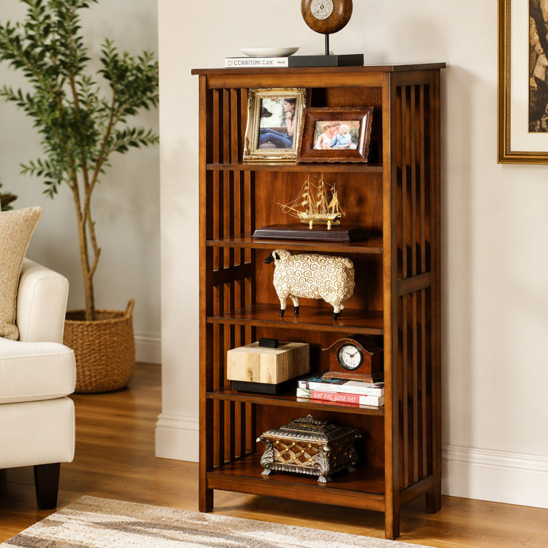 Superbe étagère à livres en bois massif avec finition bois de chêne antique et bibliothèque à 5 tablettes