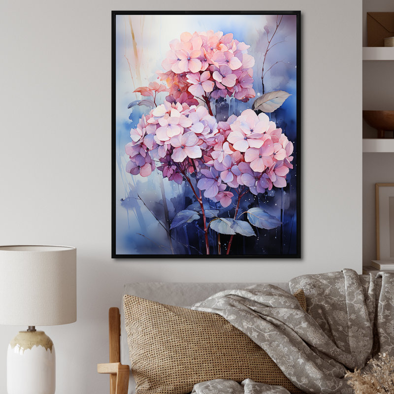 Hortensia bleu qui fleurit au clair de lune, Cadre flottant noir, H 32 po x l 16 po x P 1 po