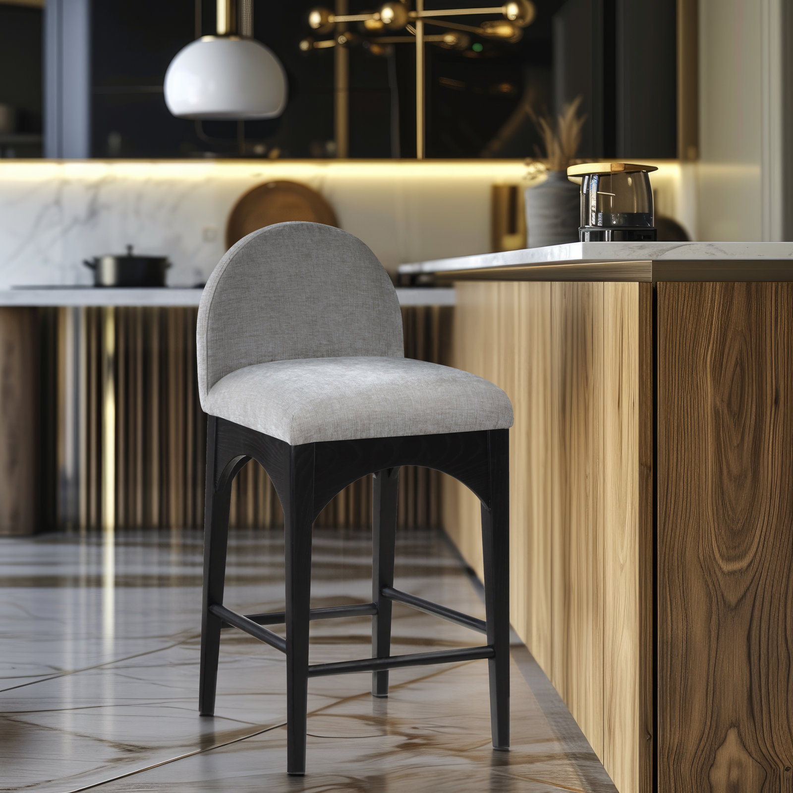 Waldorf 27" Bar Stool, Black, Gray Chenille