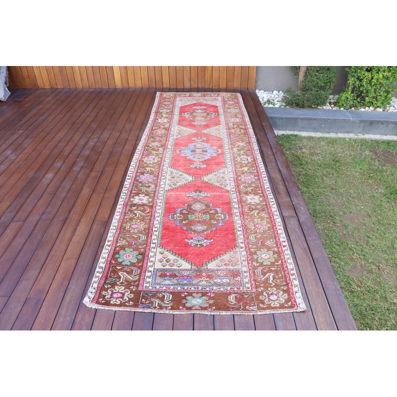 Tapis de couloir turc traditionnel fabriqué à la main dans un motif géométrique rouge à motifs floraux pour la maison