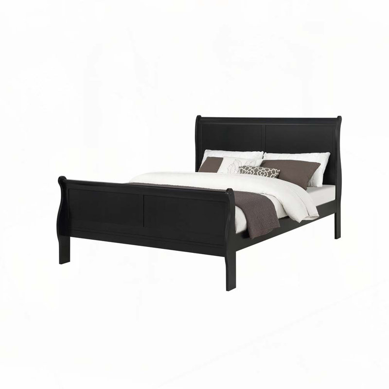Panneau à lit-bateau en bois massif, Noir, noir, noir, noir, Lit double