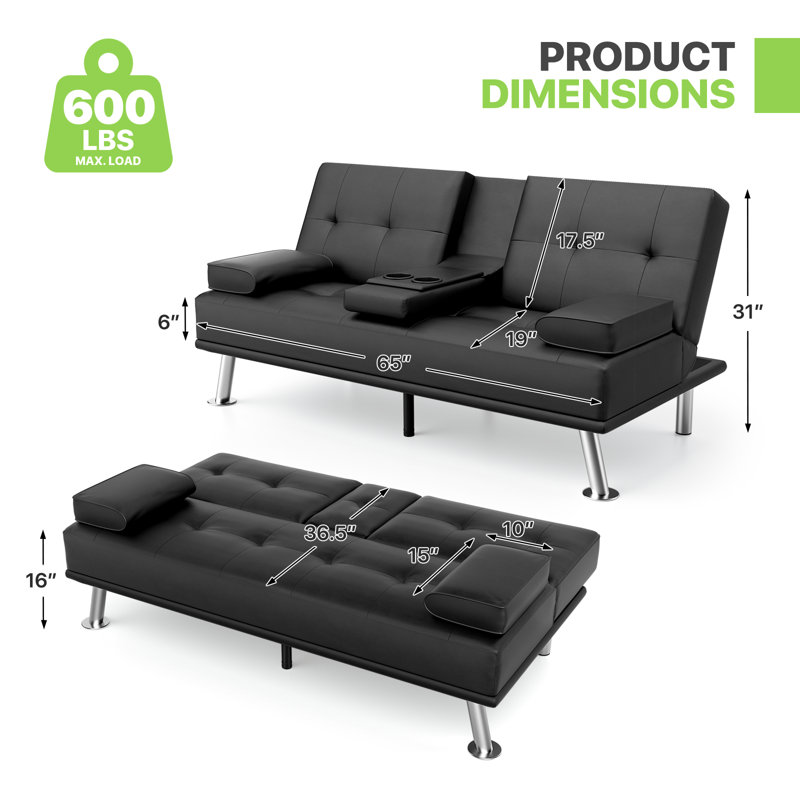 Modern Convertible Futon Sofa Bed Adjustable Recliner With Cup Holders & 600 Lbs Capacity, Black Faux Leather