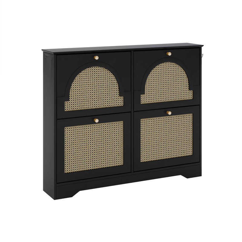 Mid-Century Modern Narrow Shoe Cabinet With 4 Flip Drawers & 4 Rattan Doors, Black