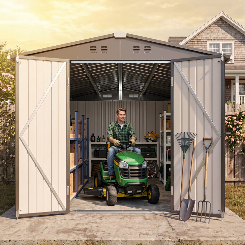 Abri de jardin en métal de 2,4 m x 3,7 m avec ventilation et toit en pente pour cour arrière