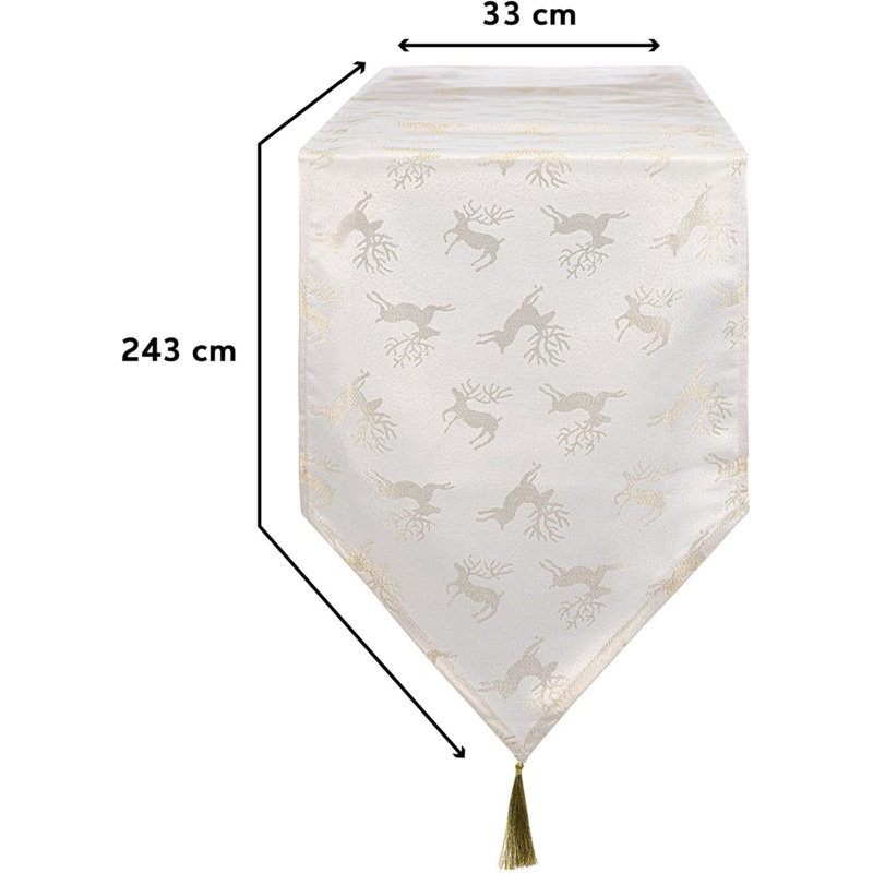 Christmas Deer Design Table Runner 13in, 33cm W x 243cm L, Gold/Cream