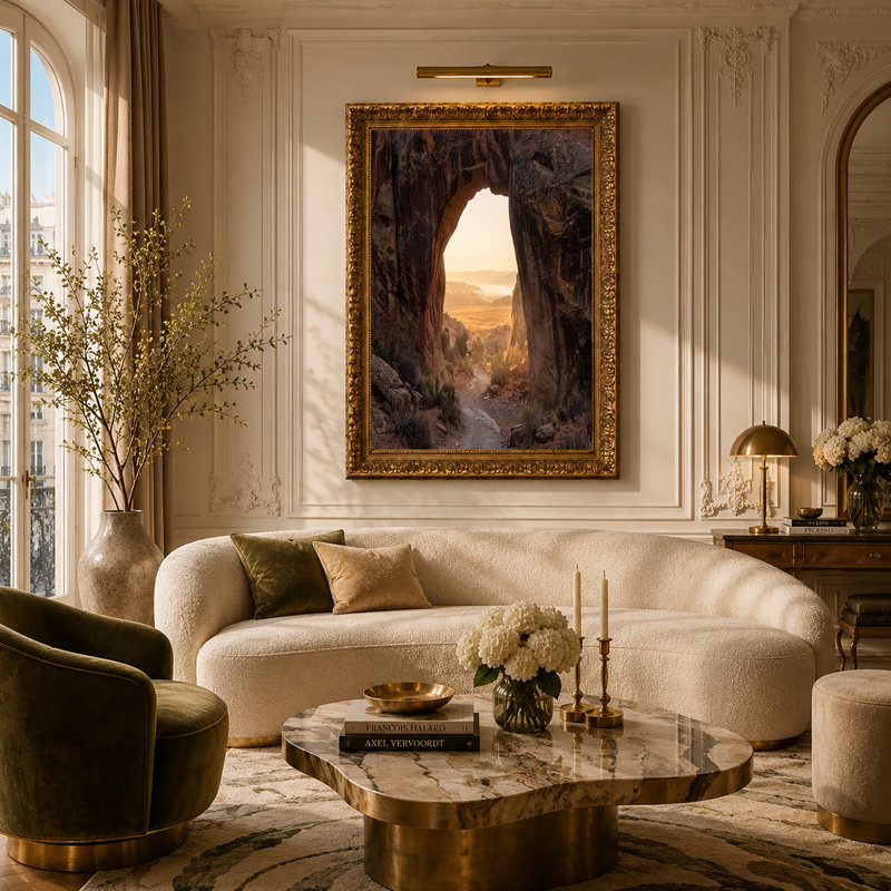 Red Rock Archway Over Golden Desert Path and Valley, art mural sur toile, H 18 po x l 24 po