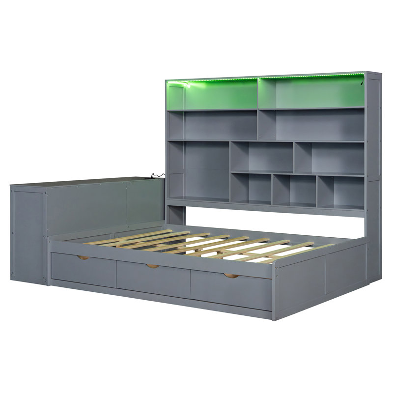 Lit de jour double en bois avec trois tiroirs, bureau, tablettes et lumières, gris, Gris