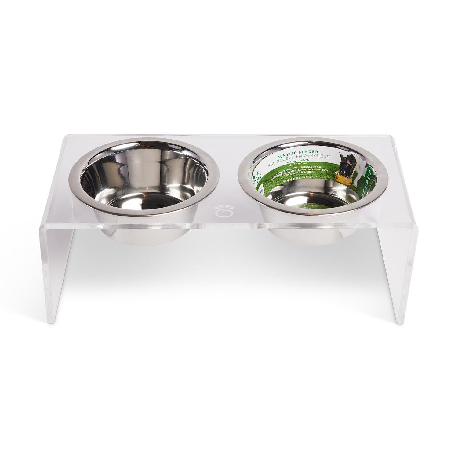 Small Clear Acrylic Double Pet Bowl Feeder with Silver Bowls - polymdrn