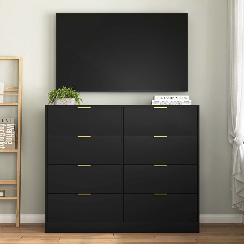 Commode en bois spacieuse à 8 tiroirs avec rangement robuste et sécuritaire pour le rangement à la maison, Noir