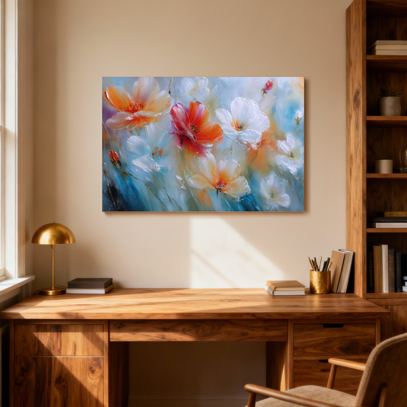 Plantes et fleurs, art abstrait sur toile peint coloré, H 12 po x l 18 po