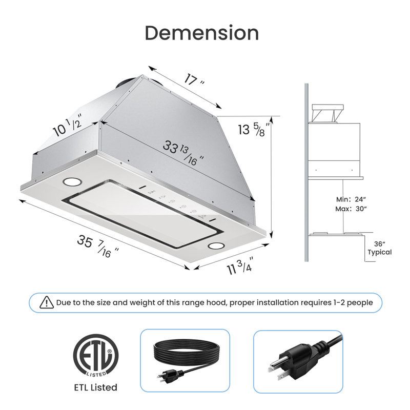 VIKIO 36" 900 CFM Convertible Insert Range Hood In Stainless Steel With Baffle Filter, White