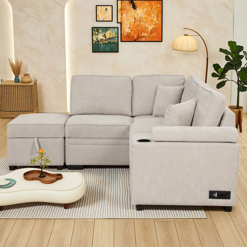 Canapé-lit gigogne 4 places en forme de L avec pouf de rangement, siège en mousse et ressorts ensachés pour salon, Beige
