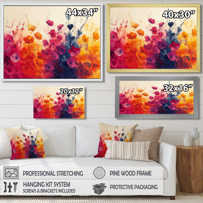Garden Plants Symphony In Bright Splash - Art mural floral, H 28 po x l 60 po, Cadre flottant noir