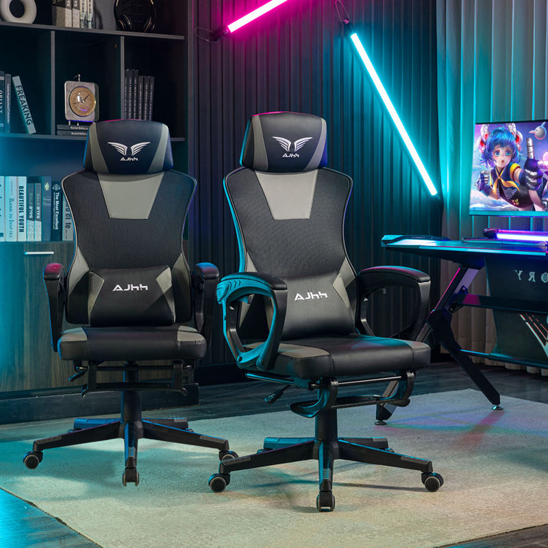 Fauteuil de jeu de course et de course réglable, inclinable et ergonomique en similicuir avec repose-pieds, Gris / noir