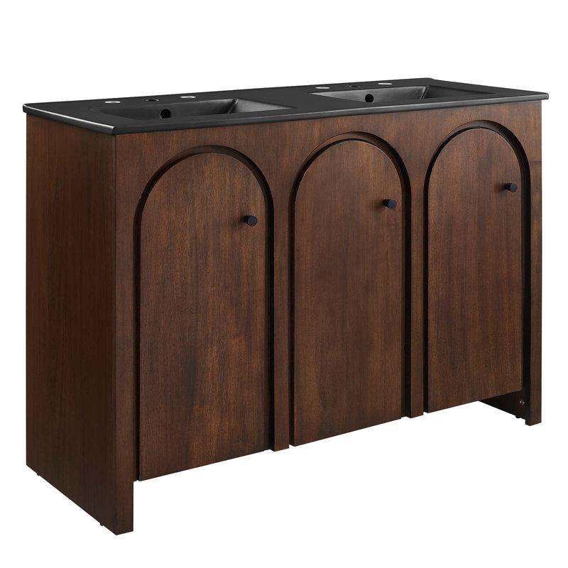Meuble-lavabo double 48 po avec plateau en céramique Modway Appia, Noyer, Noir
