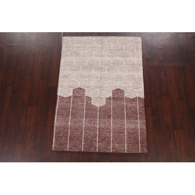 Tapis beige / brun noué à la main de conception unique 4 pi 1 po x 5 pi 11 po New Age