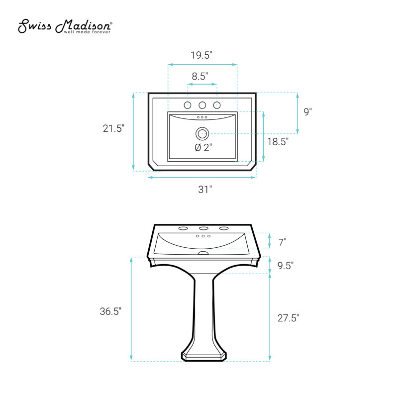 Voltaire 2-Piece Ceramic Rectangular Pedestal Sink in Glossy White