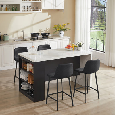61" W Kitchen Island with Faux Marble Top and Power Outlets
