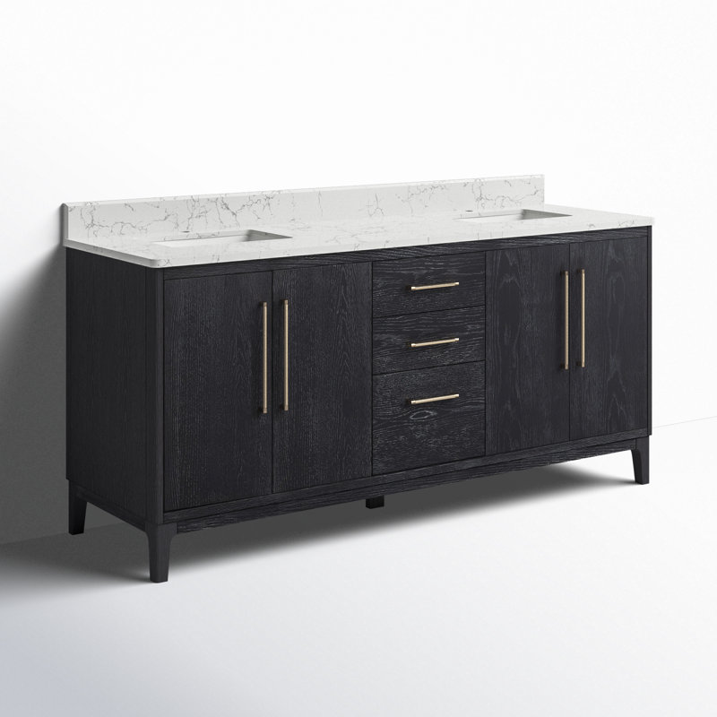 Meuble-lavabo double autoportant avec plateau Langosta 72, Bois de sapin / noir