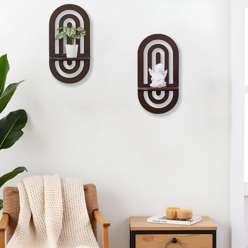 Set Of 2 Arched Floating Wall Shelves Boho Wooden Display With Dark Brown Finish