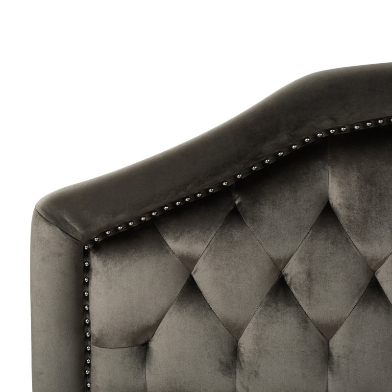 Tête de lit en velours gris avec pieds réglables pour un revêtement pratique et élégant, Lit double, Gris