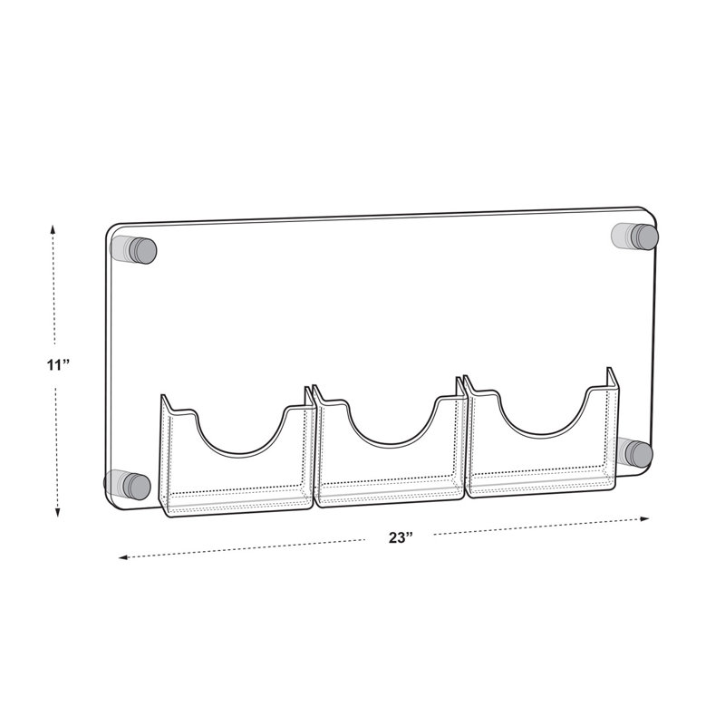 Clear Acrylic Three-Pocket Wall Mounted Brochure Holder with Black Caps
