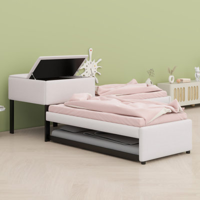 L-Shaped Upholstered Bed Frame with Desk, Trundle & Dual Drawers