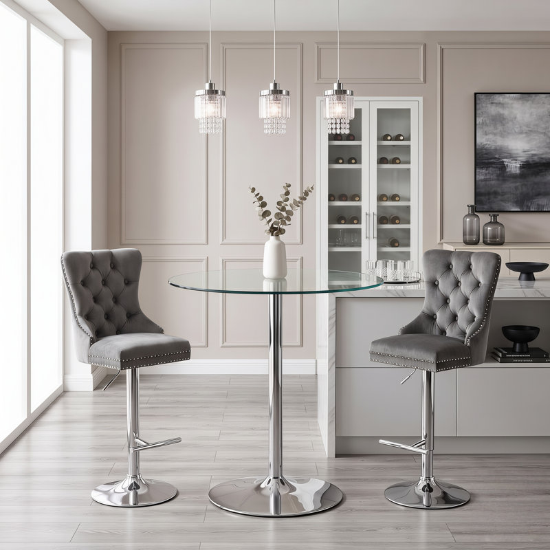 Ensemble de bar rond en verre avec tabourets pivotants réglables rembourrés, Gris
