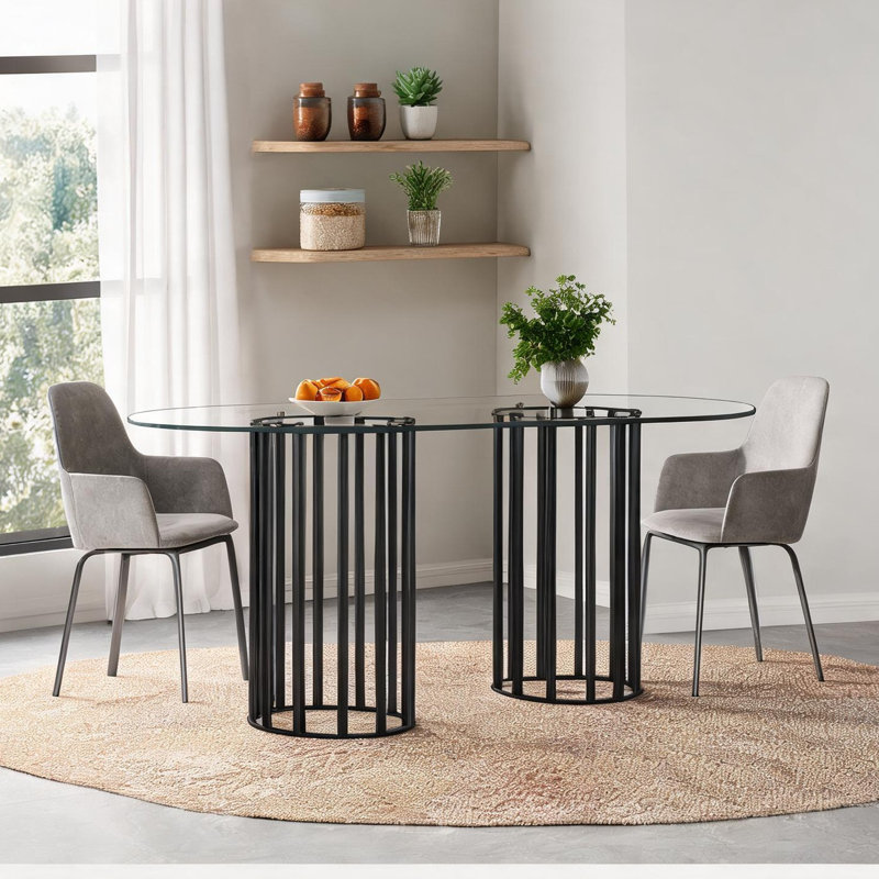 71-Inch Oval Glass Dining Table for 6-8, Modern Light Luxury Double Pedestal, Sleek Black Metal and Clear Tempered Glass