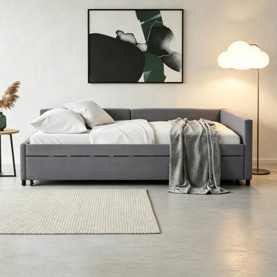 Modern Velvet Upholstered Full Size Daybed with Twin Size Trundle Bed, with Charging Station and Small LED Night Light