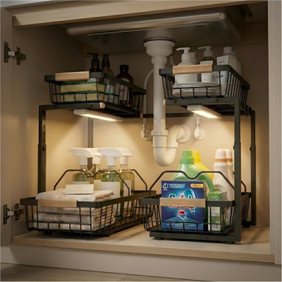 Under Sink Organizer with Motion-Activated LED Lights, 2 Pack,Black