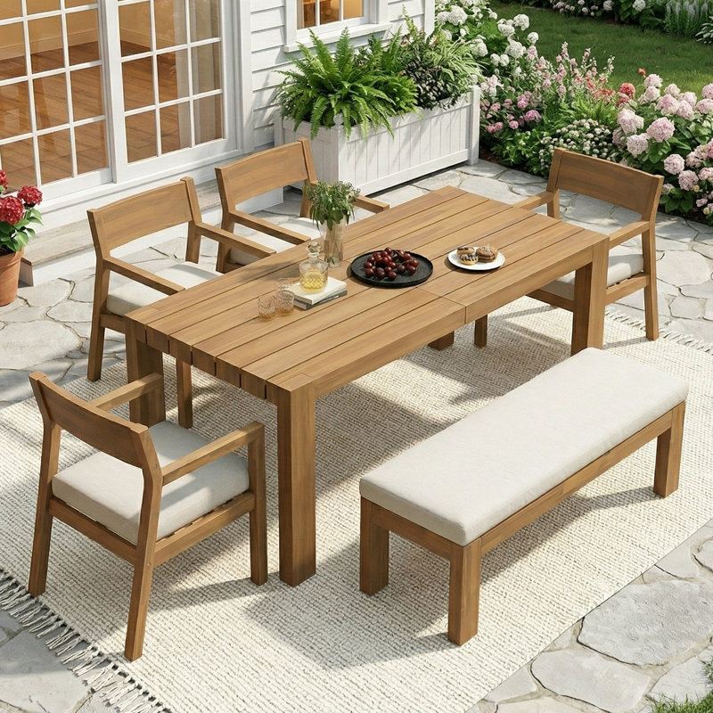 6-Person Outdoor Patio Dining Set, 71" Rectangular Table with Umbrella Hole, Chairs & Bench with Removable Cushions for Garden Poolside