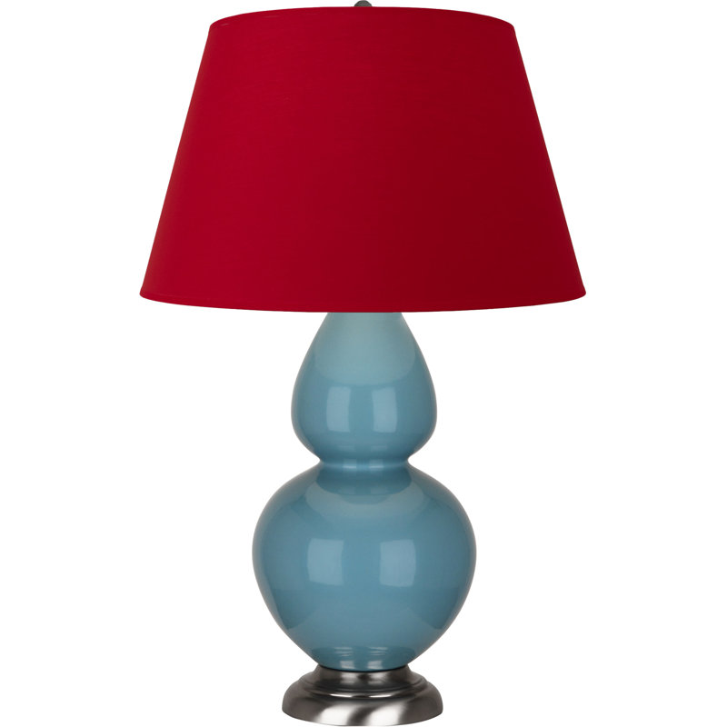 Lampe de table double gourde en céramique, Blanc cassé, Bleu acier émaillé / argent antique, Argent argent