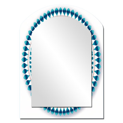 Exquis mandala en rétro bleu et orange - miroir mural Boho Mandala Arch, miroir asymétrique traditionnel, impression d'art en métal