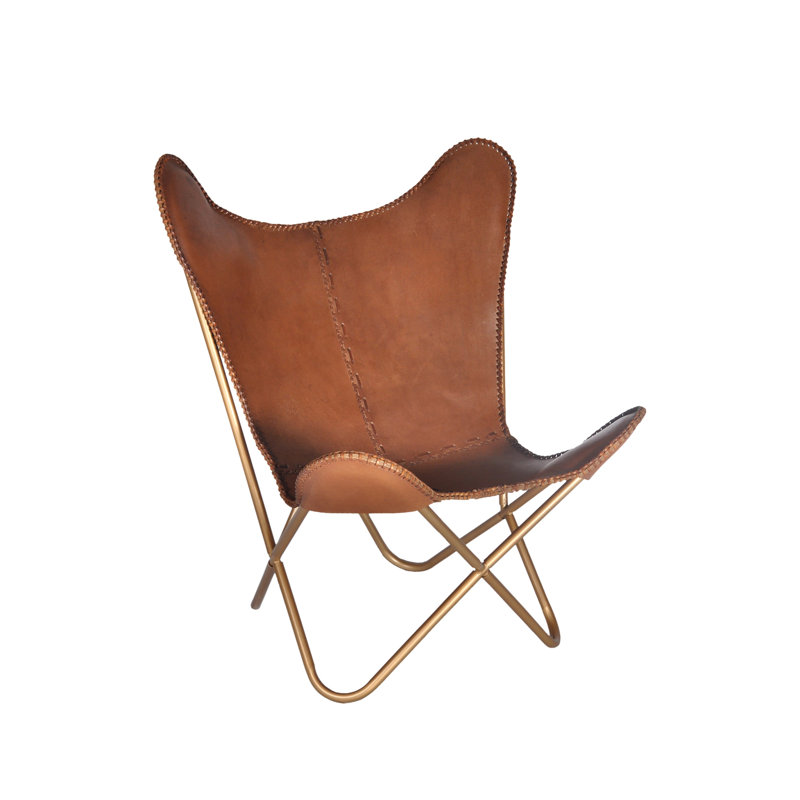 Aldo 31" Wide Butterfly Chair, Chestnut Genuine Leather, Gold