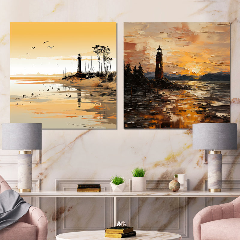 Phare Sunset Beacon I - Ensemble de 2 décorations murales coucher de soleil côtier, Toile tendue, H 16 po x l 33 po x P 1 po