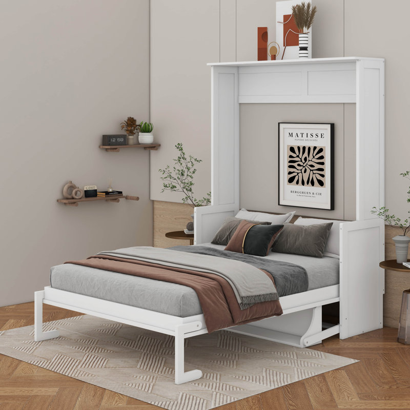 Grand lit escamotable en bois avec lumières DEL et station de charge USB, Blanc