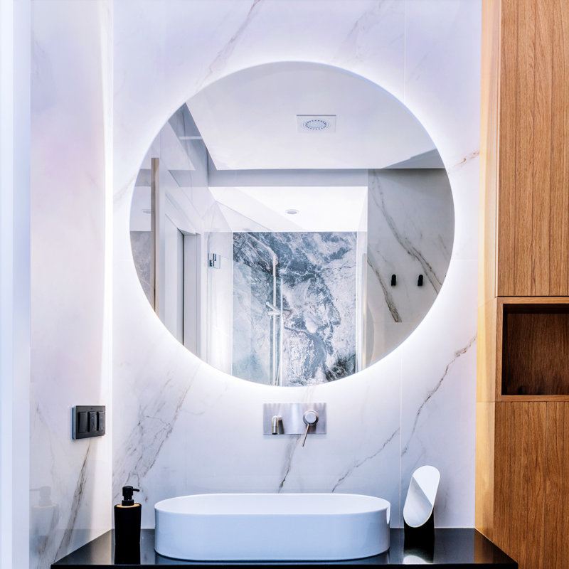 Round Mirror With Lighting  LED – Cool White - Illuminated Glamour Mirror For Bathroom & Living Room, 60cm H x 60cm W