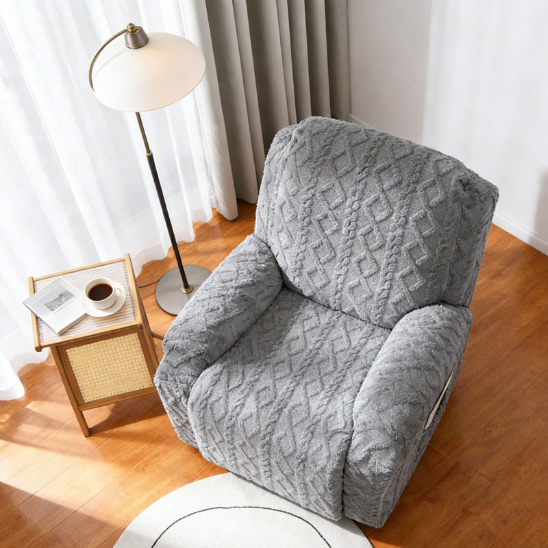 4-Piece Recliner Cover Set, Geometric Jacquard Plush Slipcover with Anti-Slip Bottom – Soft Fuzzy Furniture Protector for Sofa & Recliner, Pet and Kid Friendly (Fits up to 22" Seat)